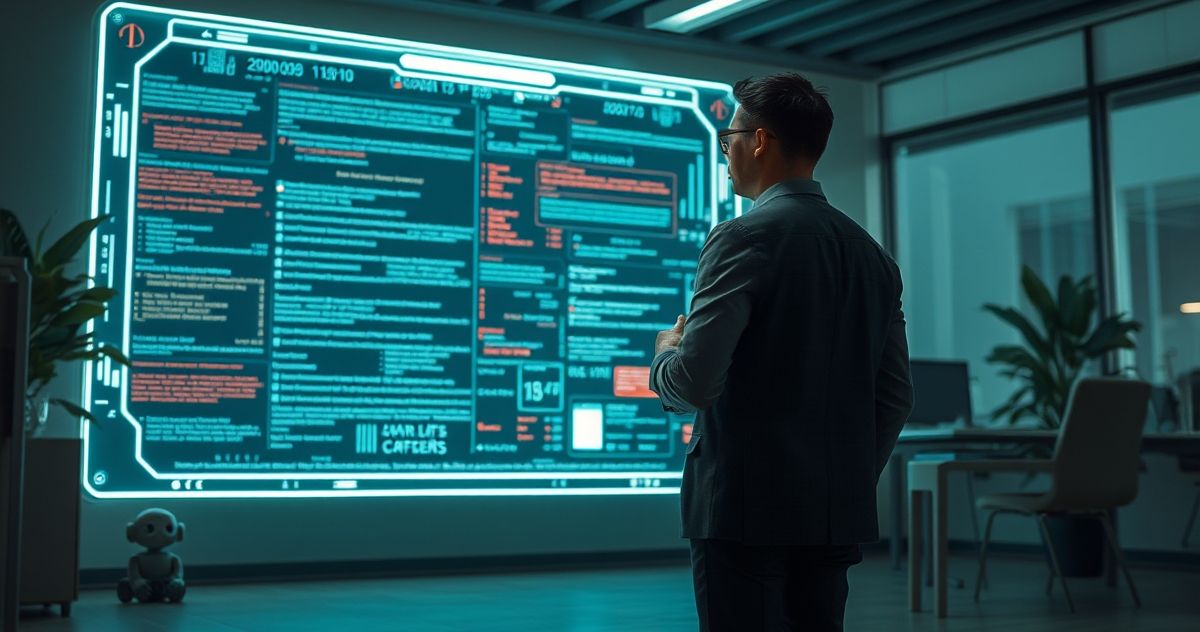 a man looking at a large screen