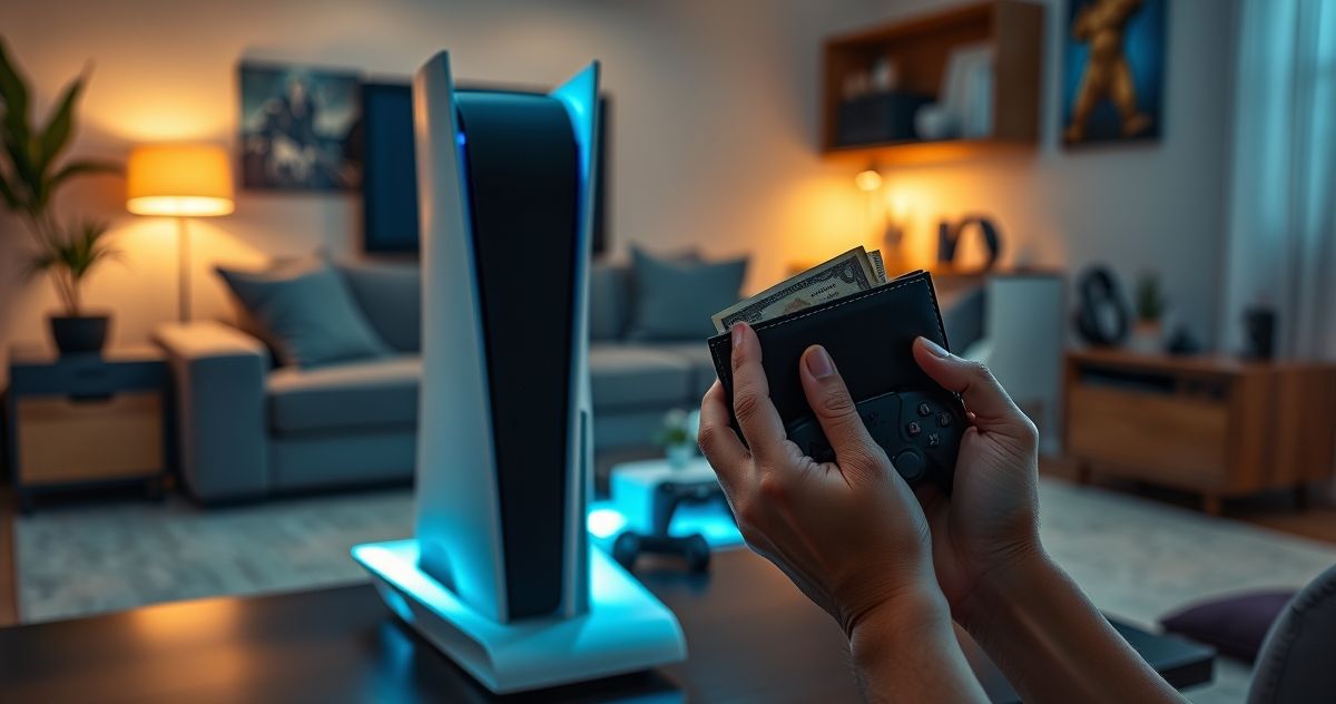 a person holding a wallet with money in front of a video game console