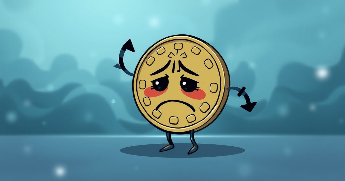 a sad looking cartoon coin character with arms and legs