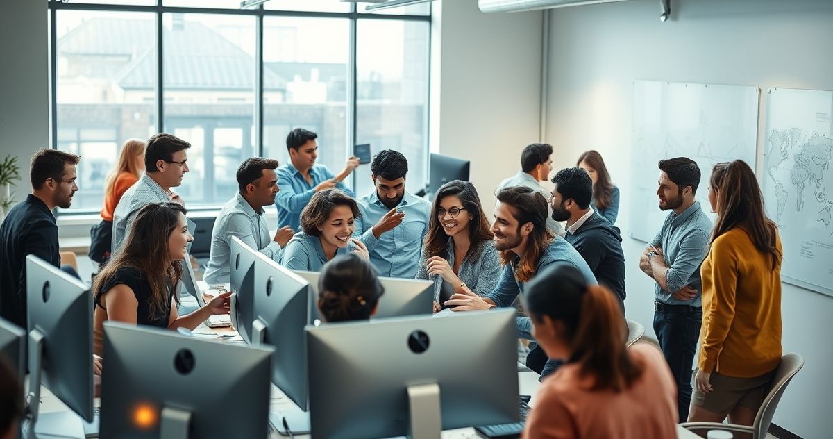 a group of people sitting around computers