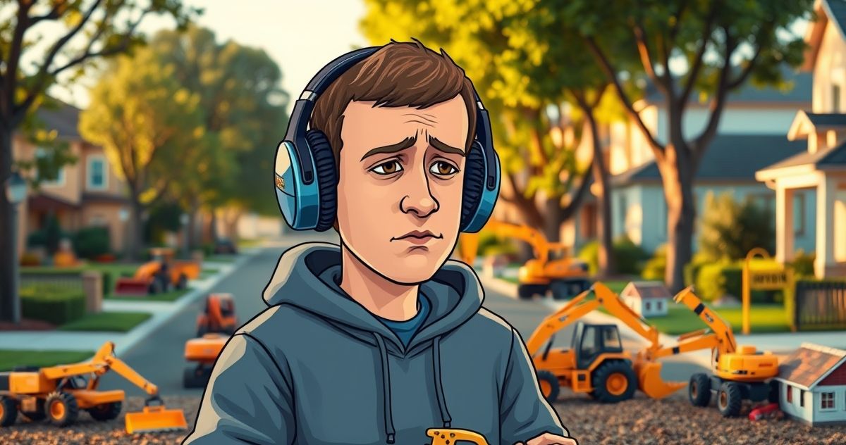 a guy with headphones in a street with construction machines